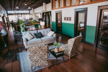 Micro meeting area at Nest:Space™ coworking, on the main level, designed by Shawna Meyer Design™, Interior Design and Project Management