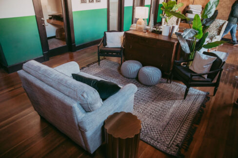 Micro meeting area at Nest:Space™ coworking, on the main level, designed by Shawna Meyer Design™, Interior Design and Project Management